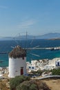 Panorama of white windmill and island of Mykonos, Greece Royalty Free Stock Photo