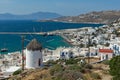 Panorama of white windmill and island of Mykonos, Greece Royalty Free Stock Photo