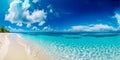 Panorama of wide sandy beach on a tropical island in Maldives. Coconut palms and water lodge , AI Generated Royalty Free Stock Photo