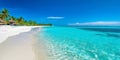 Panorama of wide sandy beach on a tropical island in Maldives. Coconut palms and water lodge , AI Generated Royalty Free Stock Photo