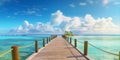 Panorama of wide sandy beach on a tropical island with wooden bridge . AI Generated Royalty Free Stock Photo