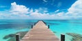 Panorama of wide sandy beach on a tropical island with wooden bridge . AI Generated Royalty Free Stock Photo