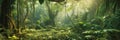 Panorama of wild dense jungle, deep forest with tropical thick, generative AI