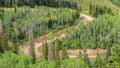 Panorama Winding hiking trails amid green conifers in Park City ski resort at off season