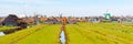 Panorama with windmill in Zaanse Schans, traditional village, Netherlands, North Holland Royalty Free Stock Photo