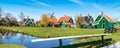 Panorama with windmill in Zaanse Schans, traditional village, Netherlands, North Holland Royalty Free Stock Photo