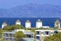 Panorama of Windmills in Mykonos town, Greece Royalty Free Stock Photo