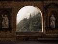 Panorama window architecture view at Santa Maria de Montserrat Abbey monastery in Monistrol Catalonia Spain Royalty Free Stock Photo