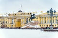 Panorama of the winter city and view of the Copper Horseman in St. Petersburg, winter landscape.