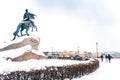 Panorama of the winter city and view of the Copper Horseman in St. Petersburg, winter landscape.