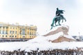 Panorama of the winter city and view of the Copper Horseman in St. Petersburg, winter landscape.