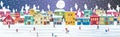 Panorama with winter cityscape and people. Snowy night in a cozy city. Winter Christmas village with night landscape. People Royalty Free Stock Photo