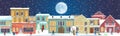 Panorama with winter cityscape and people. Snowy night in a cozy city. Winter Christmas village with night landscape. People Royalty Free Stock Photo