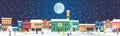 Panorama with winter cityscape and people. Snowy night in a cozy city. Winter Christmas village with night landscape. People Royalty Free Stock Photo