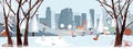 Panorama Winter landscape, Christmas and new year celebrated in the city,Vector of horizontal banner winter wonderland in the town Royalty Free Stock Photo