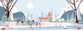 Panorama Winter landscape, Christmas and new year 2021 celebrated in the city,Vector of horizontal banner winter wonderland in the Royalty Free Stock Photo