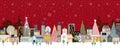 Panorama Winter landscape, Christmas and new year celebrated in the town with red background, Modern city life, Vector flat Royalty Free Stock Photo