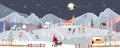 Panorama Winter landscape, Christmas and new year celebrated in the town with red background, Modern city life, Vector flat Royalty Free Stock Photo