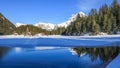 Panorama winter landscape of the frozen Arni Lake with reflection