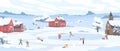 Panorama of winter landscape with leisure people vector illustration. Happy cartoon characters enjoy outdoor activity Royalty Free Stock Photo