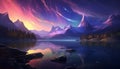 Panorama winter landscape with snow capped mountains, clear lake and an aurora borealis or northern lights