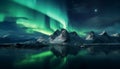 Panorama winter landscape with snow capped mountains, clear lake and an aurora borealis or northern lights