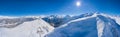 Panorama of winter landscape with snowy mountains Royalty Free Stock Photo