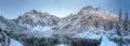 Panorama winter mountains. Scenery winter. Beautiful frosty and snowy nature. Ice mountain lake. winter landscape. Panoramic view