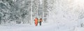 Panorama of the winter snow-covered forest. Group of snowboarders goes along the path up the hill. Extreme sports. Holidays in the