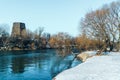 Panorama of the winter snow landscape of the river and the river Bank Royalty Free Stock Photo
