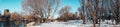 Panorama of the winter snow landscape of the river and the river Bank Royalty Free Stock Photo