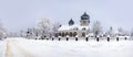 Panorama of winter Transcarpathian, Greek Catholic church in the snow, Ukraine, Pylypets village Royalty Free Stock Photo