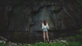 Panorama woman enjoy green jungle rock waterfall