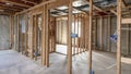 Panorama Wooden frameworks inside an unfinished basement of a house