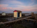 Panorama of wooden pier on stilts boat dock wharf port harbour Cais Palafitico da Carrasqueira Setubal Alentejo Portugal