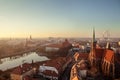Panorama Wroclaw Old Town roofs at sunset.
