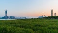 Panorama of Wuhan cityscape at sunset with Wuchang and Hankou di