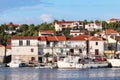 Panorama of a yacht marina in the town of Jezera in Croatia in the Dalmatia region. The ships moored in the port of a quiet