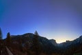 Panorama of Yosemite iconic valley view right before sunrise