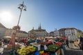 Panorama of the Zelny Trh, or Cabbage Market Square, in the city center of Brno with stalls full of fruits and vegetables. Royalty Free Stock Photo