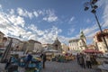 Panorama of the Zelny Trh, or Cabbage Market Square, in the city center of Brno with stalls full of fruits and vegetables. Royalty Free Stock Photo