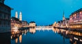 panorama of Zurich city center with Frau Munster and Grossmunster Royalty Free Stock Photo