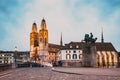 panorama of Zurich city center with Frau Munster and Grossmunster Royalty Free Stock Photo