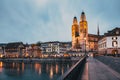 panorama of Zurich city center with Frau Munster and Grossmunster Royalty Free Stock Photo