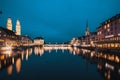 panorama of Zurich city center with Frau Munster and Grossmunster Royalty Free Stock Photo