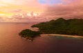 Panoramatic landscape Seychelles island Mahe in Indian ocean, beautiful blue sea with waves, sand beaches and green forest in the