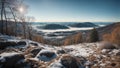 Panoramatic stunning aerial view of the snowy Swiss type landscape - Ai image