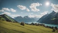 Panoramatic stunning aerial view of the Swiss type landscape under blue sky- Ai image