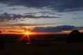 Panoramatic view on city Ceske Budejovice in sunset with sun ray