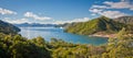 Panoramatic view of Cook Inlet from Queen Charlotte Drive near Picton, Marlborough departament, New Zealand